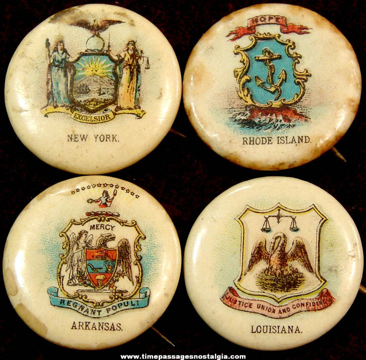 (4) 1896 Sweet Caporal Cigarette Premium State Seal Celluloid Pin Back Buttons