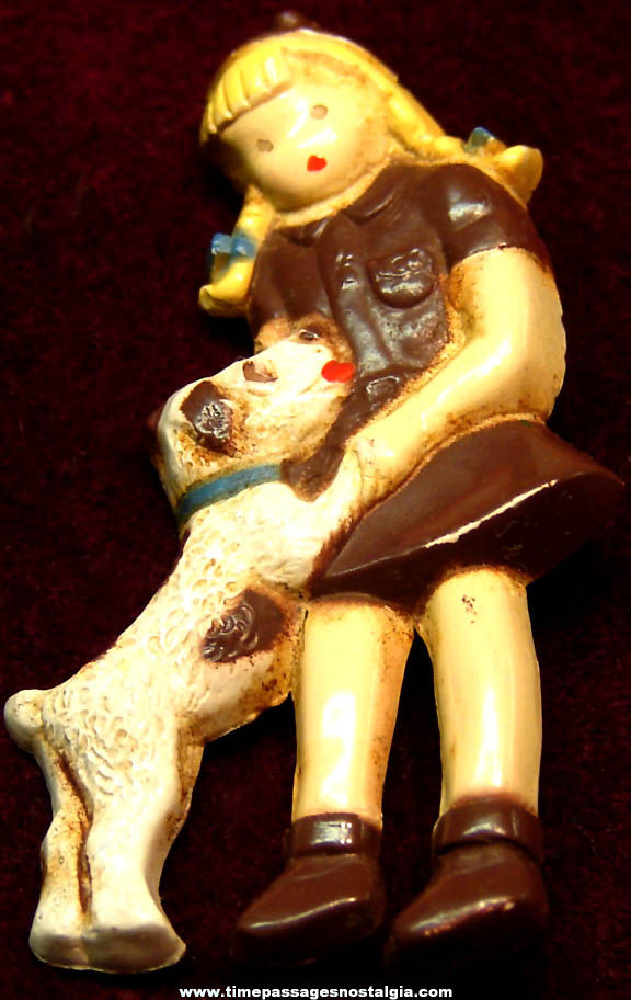 Cute Old Girl Scout Brownie Girl & Dog Painted Plastic Jewelry Pin