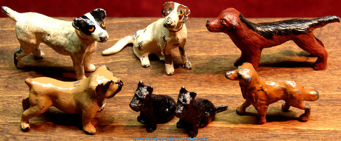 (7) Old Miniature Painted Cast Metal Dog Toy Play Set Figurines