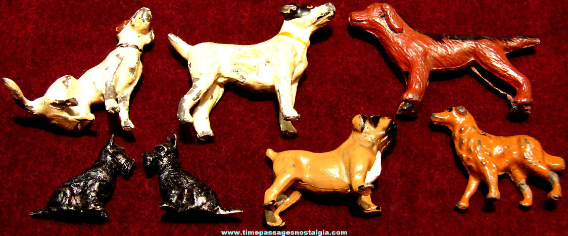 (7) Old Miniature Painted Cast Metal Dog Toy Play Set Figurines