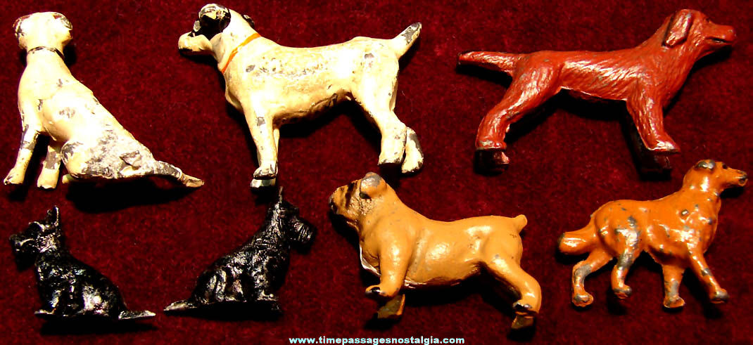 (7) Old Miniature Painted Cast Metal Dog Toy Play Set Figurines