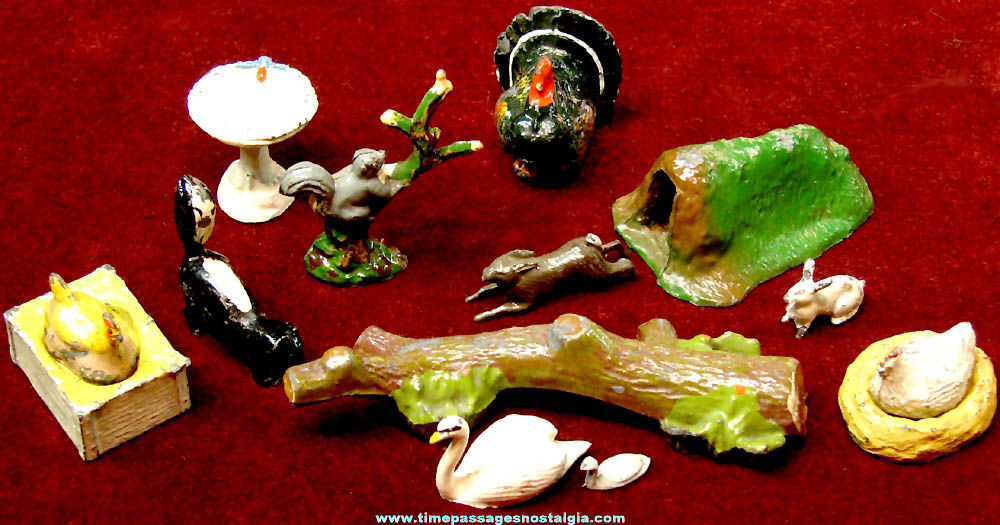 (14) Old Miniature Painted Cast Metal Animal & Scenic Toy Play Set Figurines