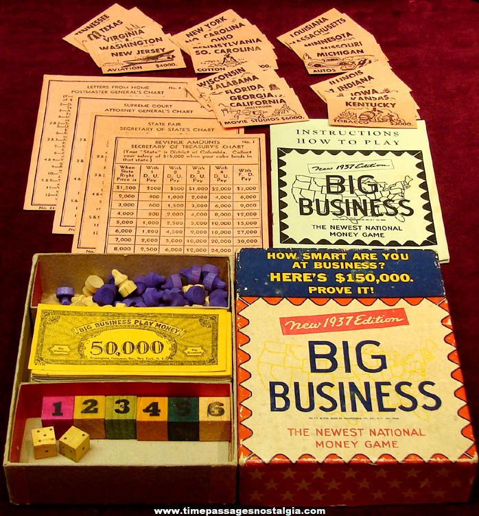 1936 Transogram Company 1937 Edition Box of Big Business Game Parts
