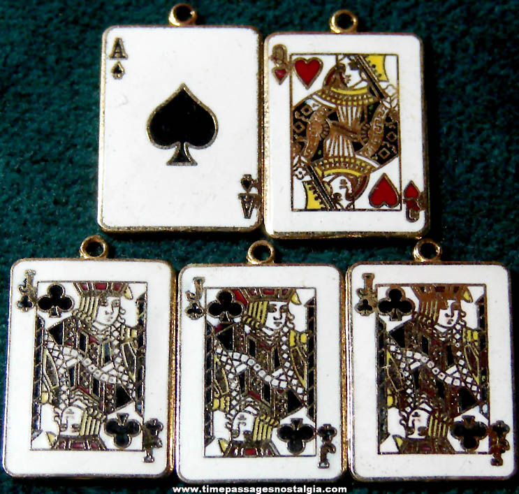 (5) Old Enameled Metal Playing Card Jewelry Charms or Pendants
