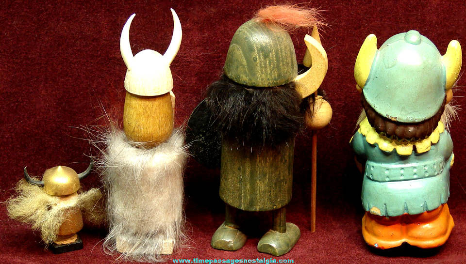 (4) Different Old Wooden & Plastic Viking Character Toy Figurines