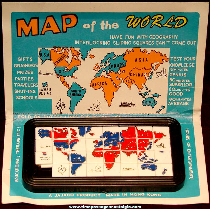 Colorful Old Carded Jajaco Map of The World Geography Slide Puzzle Game