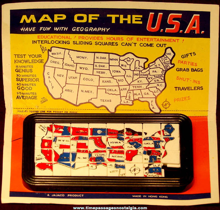 Colorful Old Carded Jajaco Map of The U.S.A. Geography Slide Puzzle Game