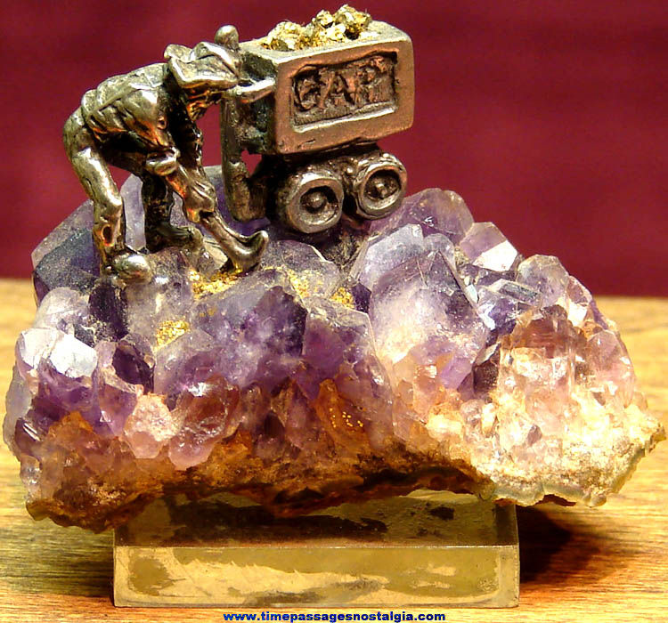 Gold Miner or Prospector with Rail Car Miniature Metal Figurine on Amethyst Crystals