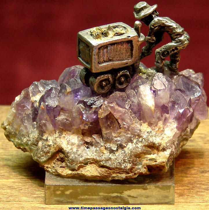 Gold Miner or Prospector with Rail Car Miniature Metal Figurine on Amethyst Crystals