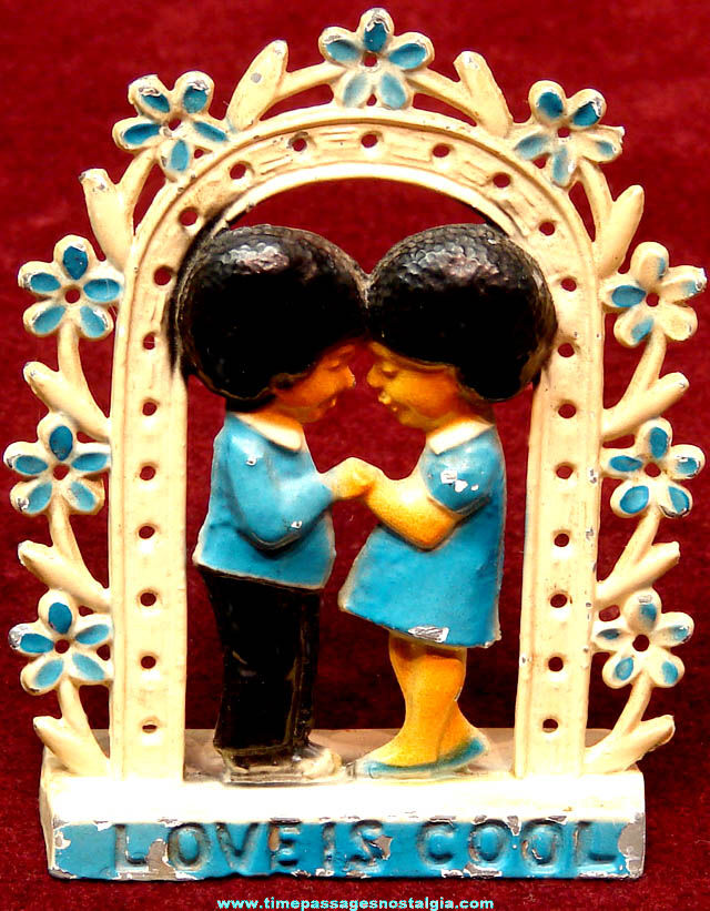 Small Old Painted Metal Love Is Cool Couple Figurine