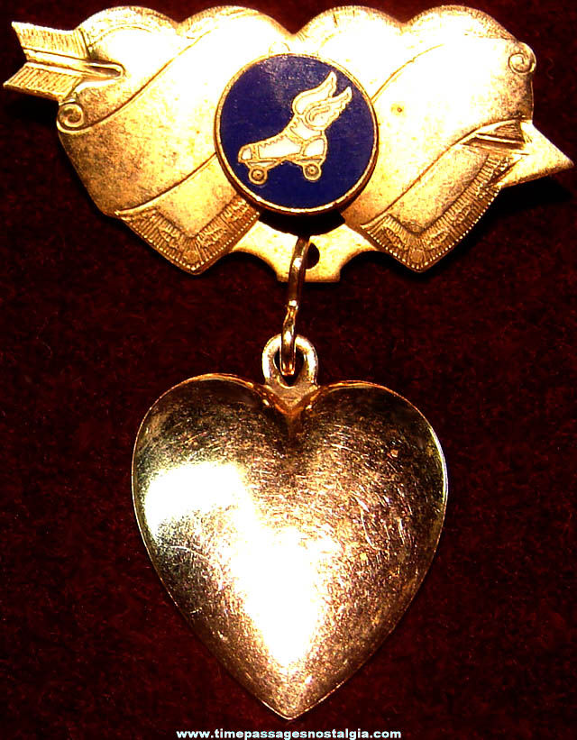 Old Enameled Brass Roller Skating Heart Charm Sweetheart Jewelry Pin