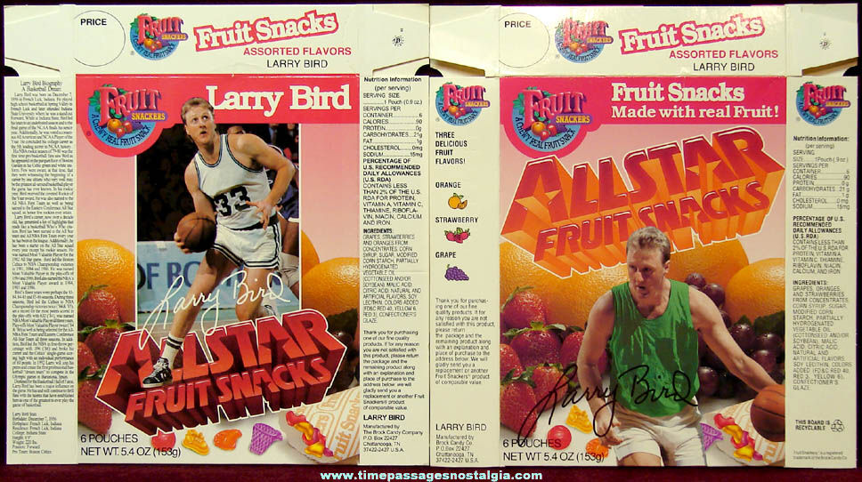 (2) Different Early 1990s Larry Bird Boston Celtics Basketball Fruit Snackers Advertising Boxes