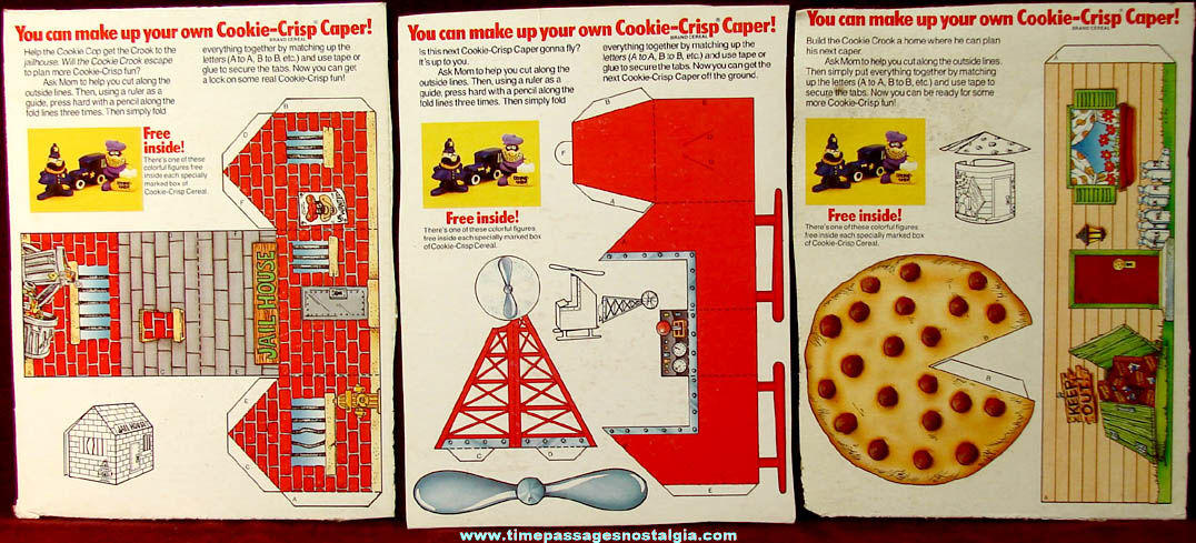 (3) Different Colorful Old Cookie Crisp Caper Cereal Box Back Cut Out Items