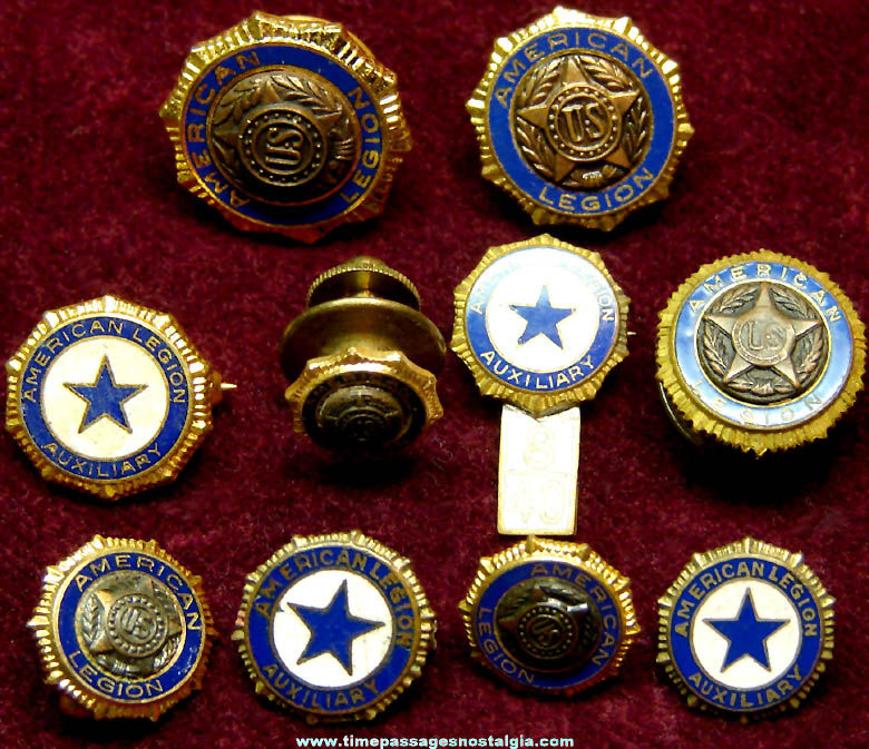 (10) Old American Legion and Auxiliary Advertising Enameled Pins and Buttons