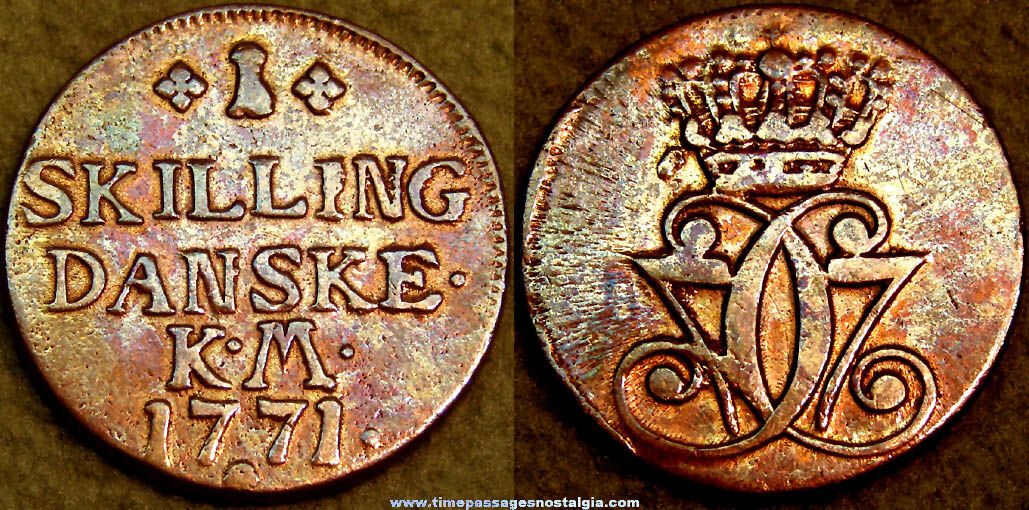 1771 Denmark One Skilling Copper Coin