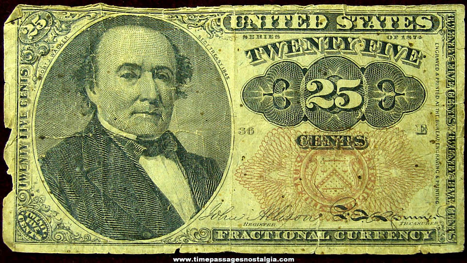 1874 United States Treasury 25 Cent Fractional Currency Bank Note Bill