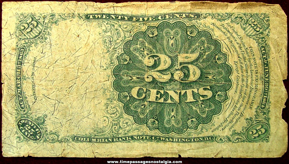 1874 United States Treasury 25 Cent Fractional Currency Bank Note Bill