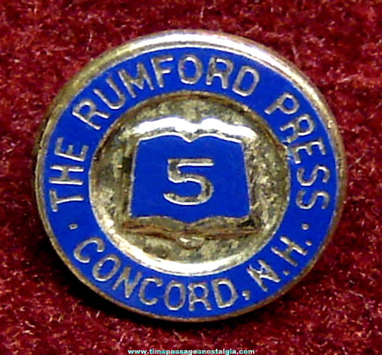 Rumford Press Concord New Hampshire 5 Year Enameled Sterling Silver Employee Service Pin