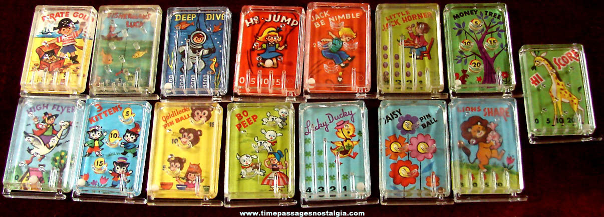 (15) Different Old Cracker Jack Pop Corn Confection Plastic & Paper Toy Pin Ball Game Prizes
