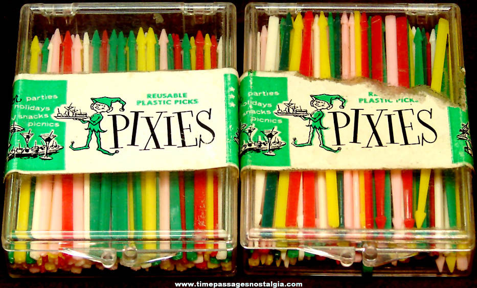 (2) Old Boxes of Colorful Pixies Brand Plastic Bar Food or Hors d’oeuvre Picks