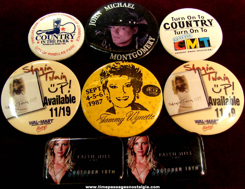 (8) Country Music or Musician Advertising Pin Back Buttons