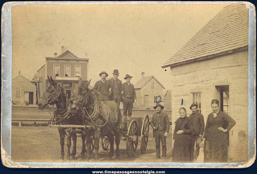 Old Cabinet Card Photograph of People Horses Wagon & Buildings