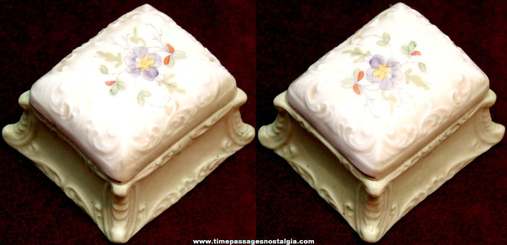 Small Old Fancy Porcelain Trinket Box with Flowers