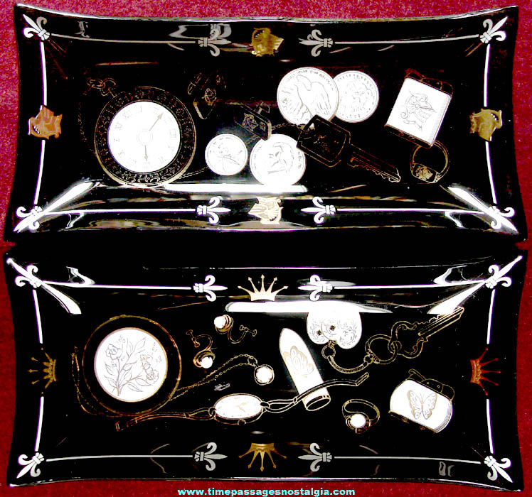 Old His and Hers Imprinted Black Glass Matching Tray Set