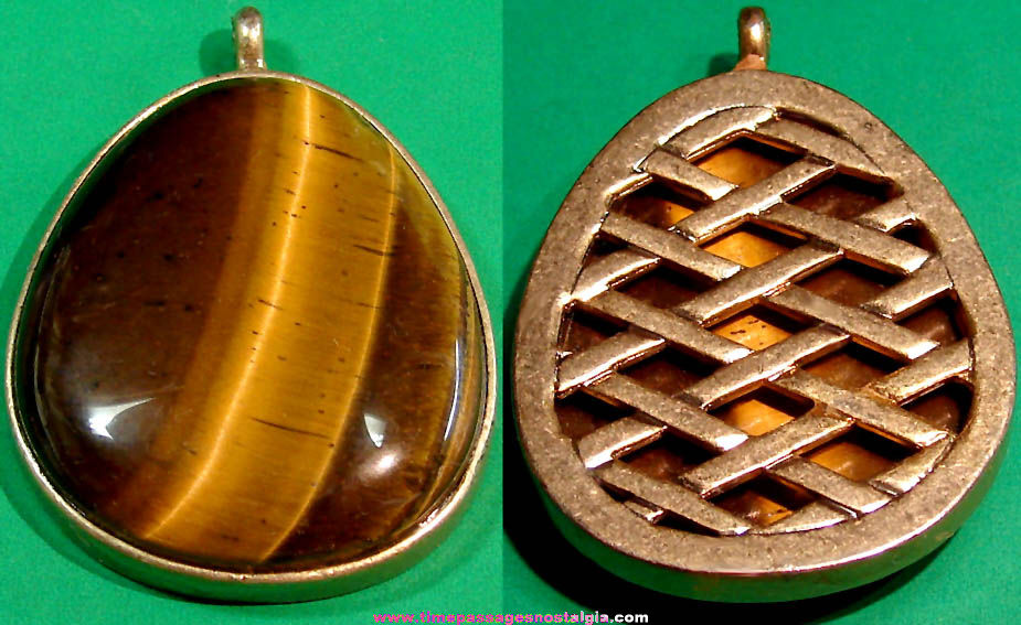 Old Tiger’s Eye Stone Necklace Jewelry Medallion Pendant