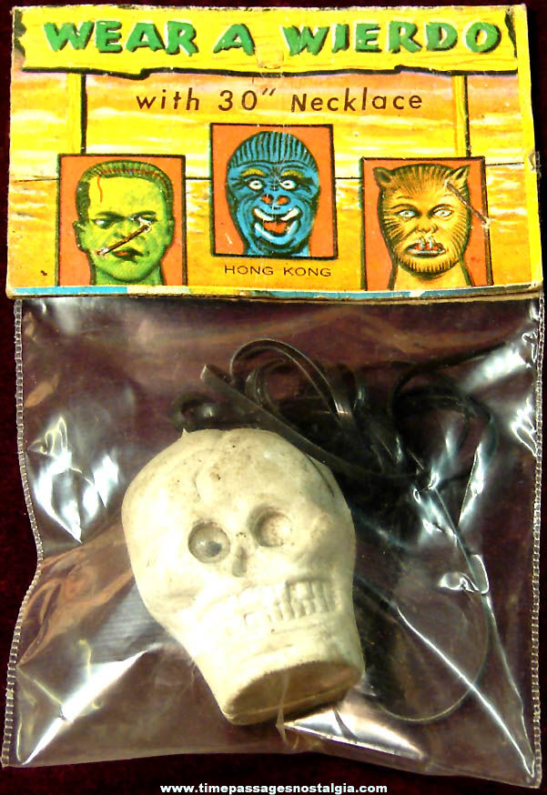 Unopened 1960s Wear A Weirdo Plastic Toy Monster Skull Jewelry Necklace