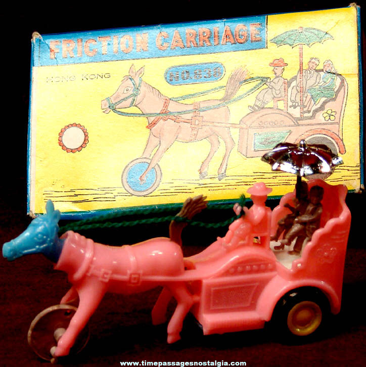 Old Boxed Animated Plastic Mechanical Friction Toy Horse Carriage