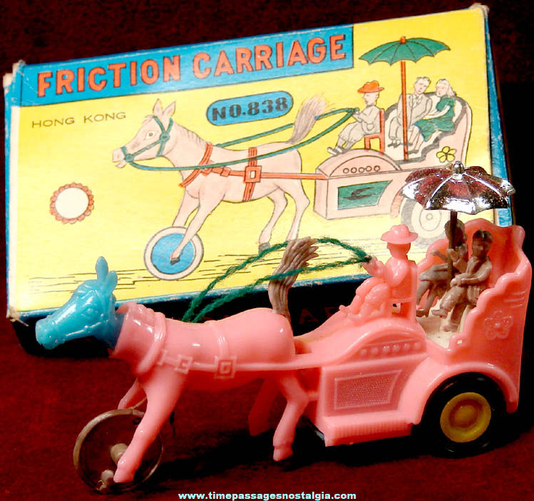 Old Boxed Animated Plastic Mechanical Friction Toy Horse Carriage