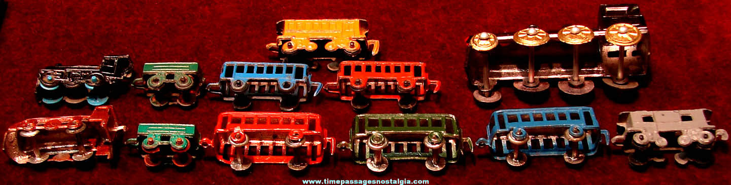 (12) Colorful Old Miniature Metal Toy Train Cars