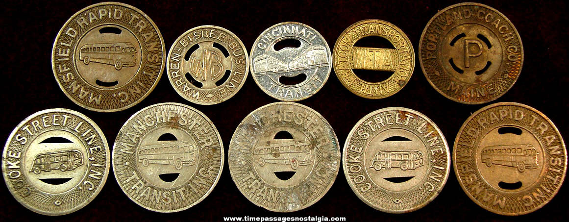 (10) Assorted Old Bus Transportation Token Coins