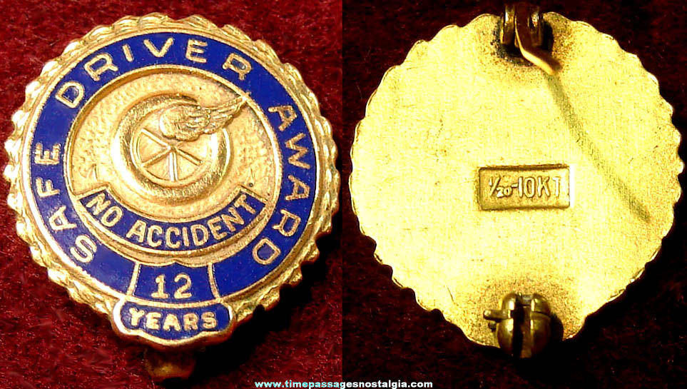 Old Enameled & Gold Filled Safe Driver 12 Year Award Pin