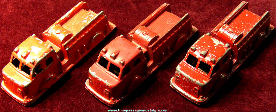 (3) Small Old Matching Painted Metal Midgetoy Toy Fire Truck Vehicles