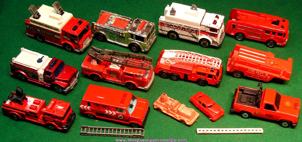 (13) Different Small Old Metal and Plastic Toy Fire Truck Vehicles