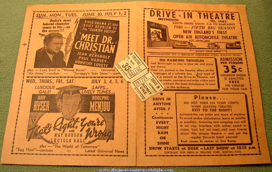 1940 Weymouth Massachusetts Drive In Movie Theatre Advertising Program with Ticket Stubs