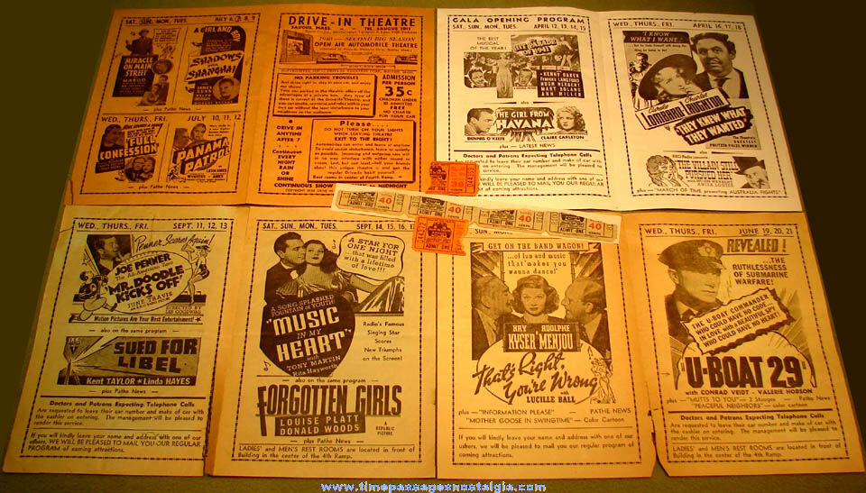 (4) 1940 - 1941 Saugus Massachusetts Drive In Movie Theatre Advertising Programs with Ticket Stubs