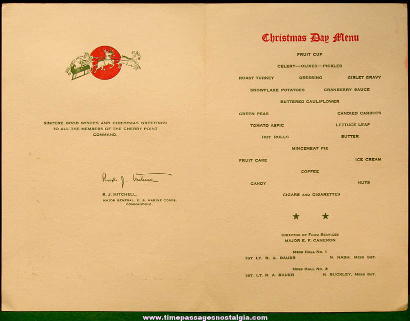 1946 United States Marine Corps Cherry Point North Carolina Christmas Dinner Menu