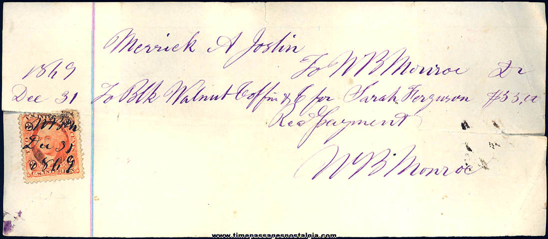 1869 Hand Written Stamped Receipt Document For A Coffin