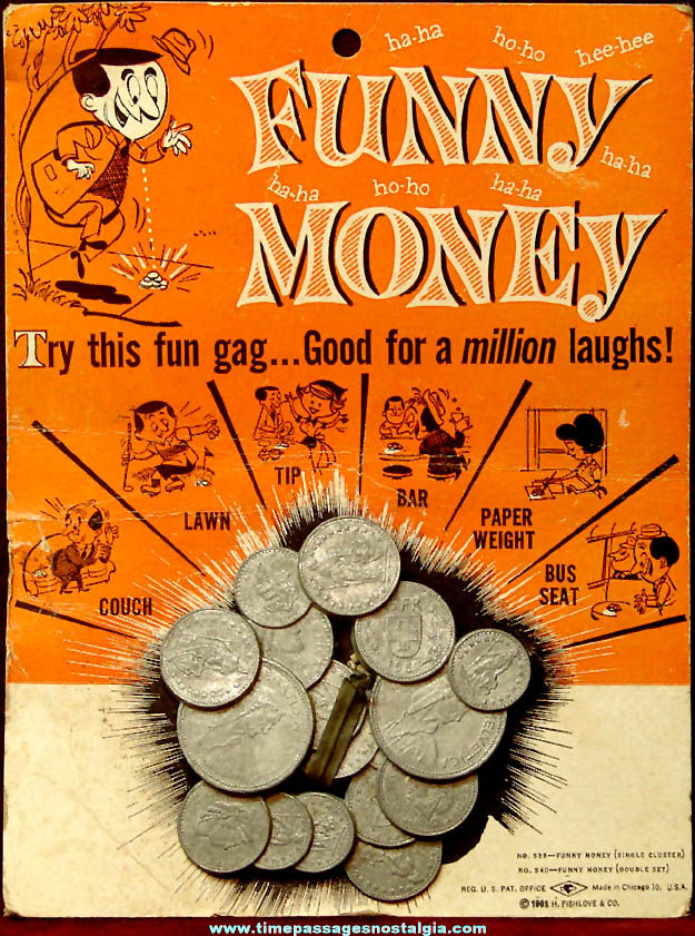 Carded ©1963 Fishlove & Company Funny Money Novelty Gag Joke Coins