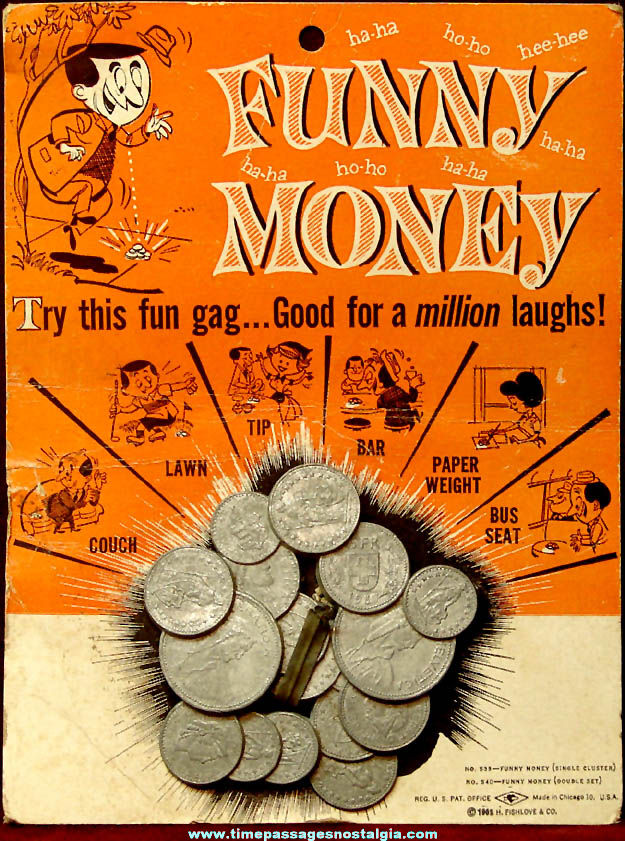 Carded 1963 Fishlove & Company Funny Money Novelty Gag Joke Coins