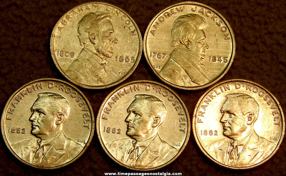 (5) Old Charms Candy Advertising Premium U.S. President Token Coins