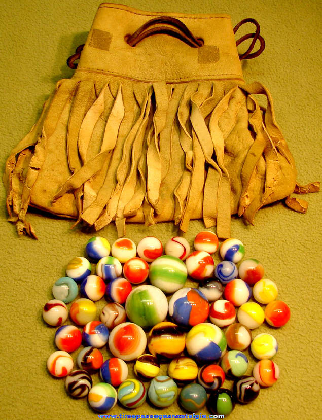 (50) Colorful Old Glass Game Marbles With Leather Bag