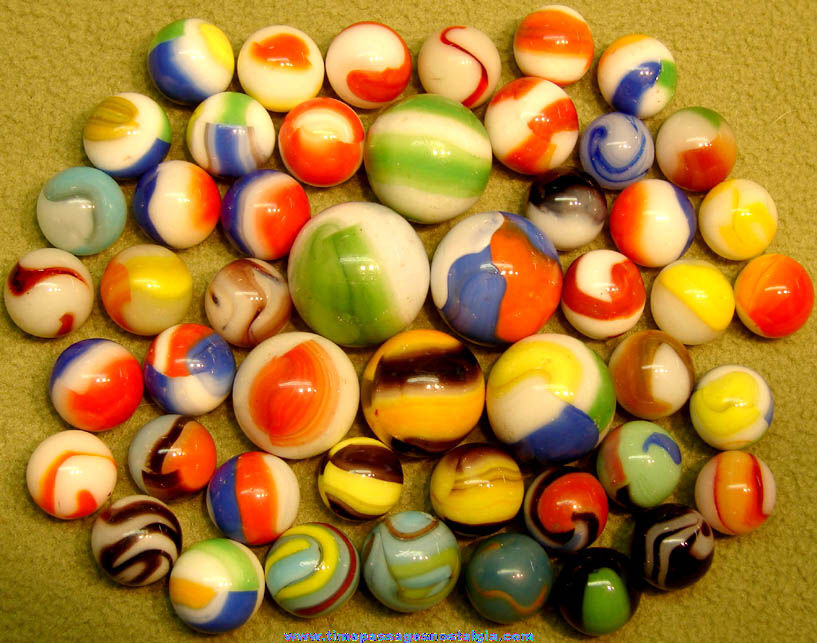 (50) Colorful Old Glass Game Marbles With Leather Bag
