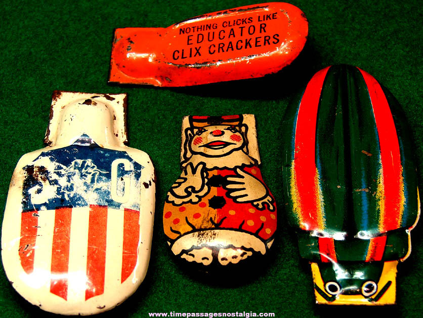 (4) Different Old Lithographed Tin Metal Clicker Toy Noise Makers