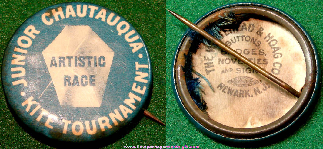 Old Junior Chautauqua Kite Tournament Advertising Celluloid Pin Back Button