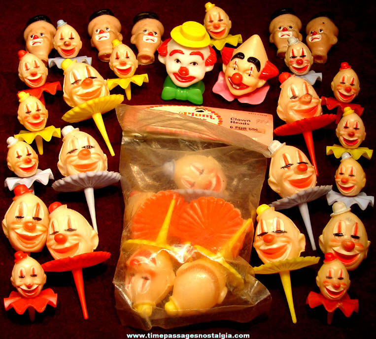 (32) Colorful Old Plastic Circus Clown Head Cake Decorations