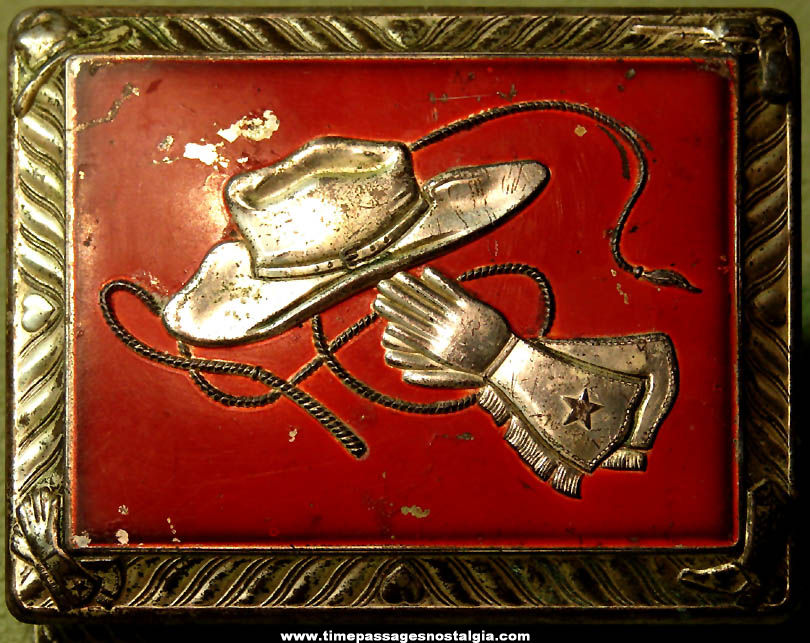 1940s Occupied Japan Western Cowboy Hinged Metal Jewelry or Trinket Box